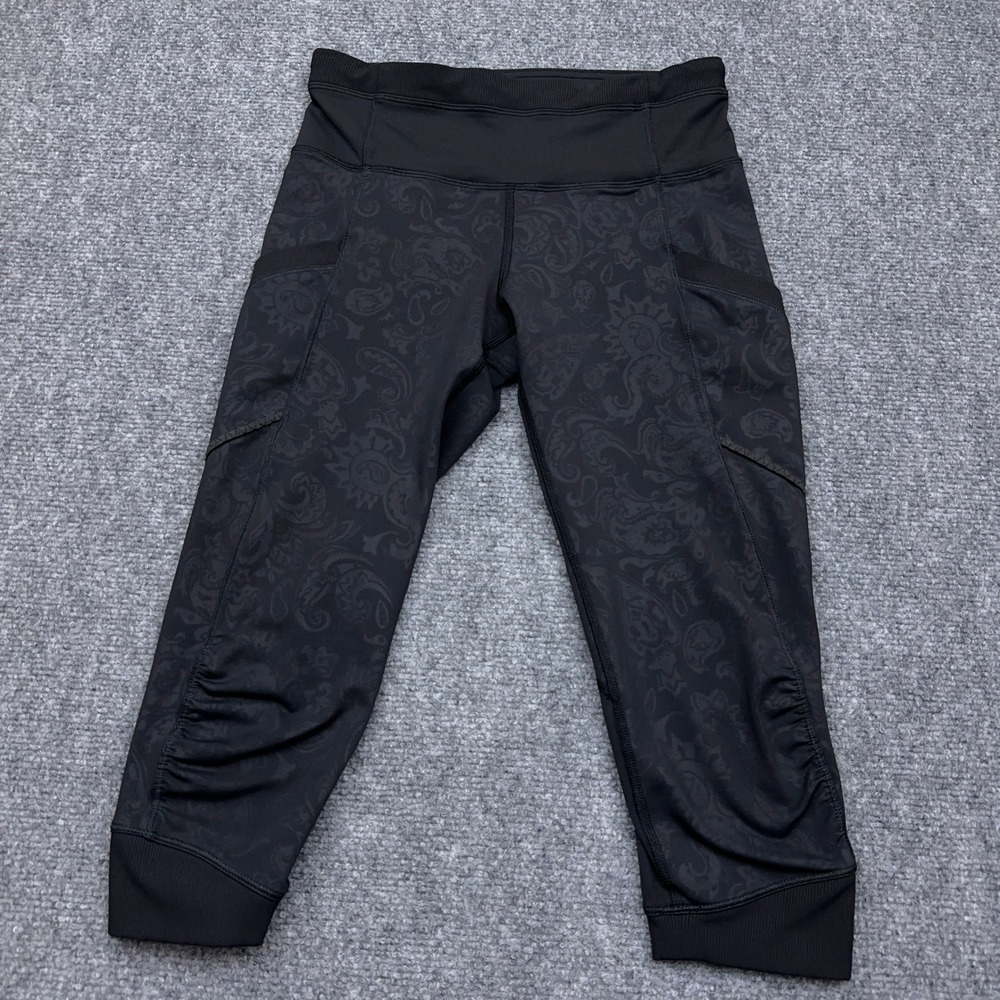 Lululemon Run For Fun Crop Leggings Womens *2 Black Paisley Emboss 17" Running